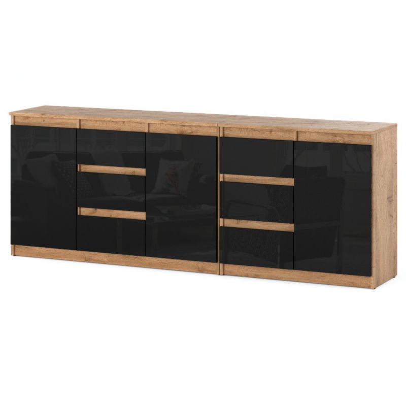 Komoda Hurtownia-Mebli Szuflady 6 Best Agnes 200cm Dąb Wotan Czarny Połysk 200x35x75 cm 1szt.