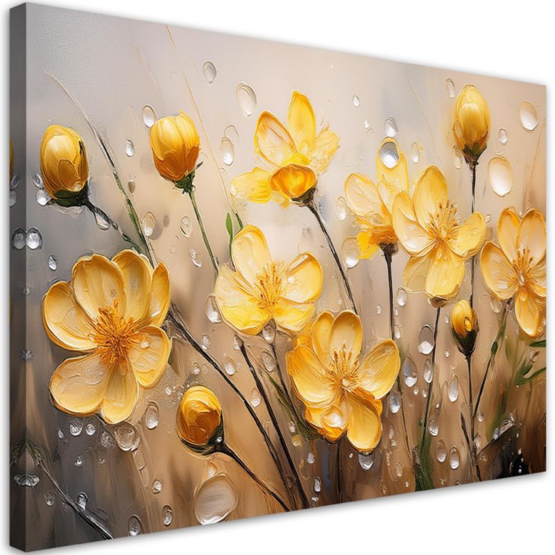 Obraz do salonu sypialni Feeby Żółte Kwiaty Rośliny Krople Rosy 100x70 cm 1 szt