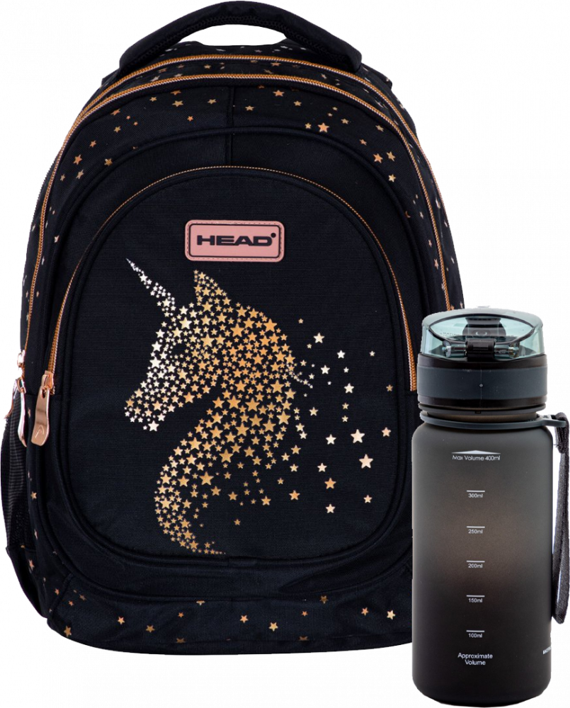 Zestaw: Plecak szkolny Astra Head AB330 Golden Effect Classy Gold + Bidon Astra Aqua Pure, 400ml, szaro-czarny