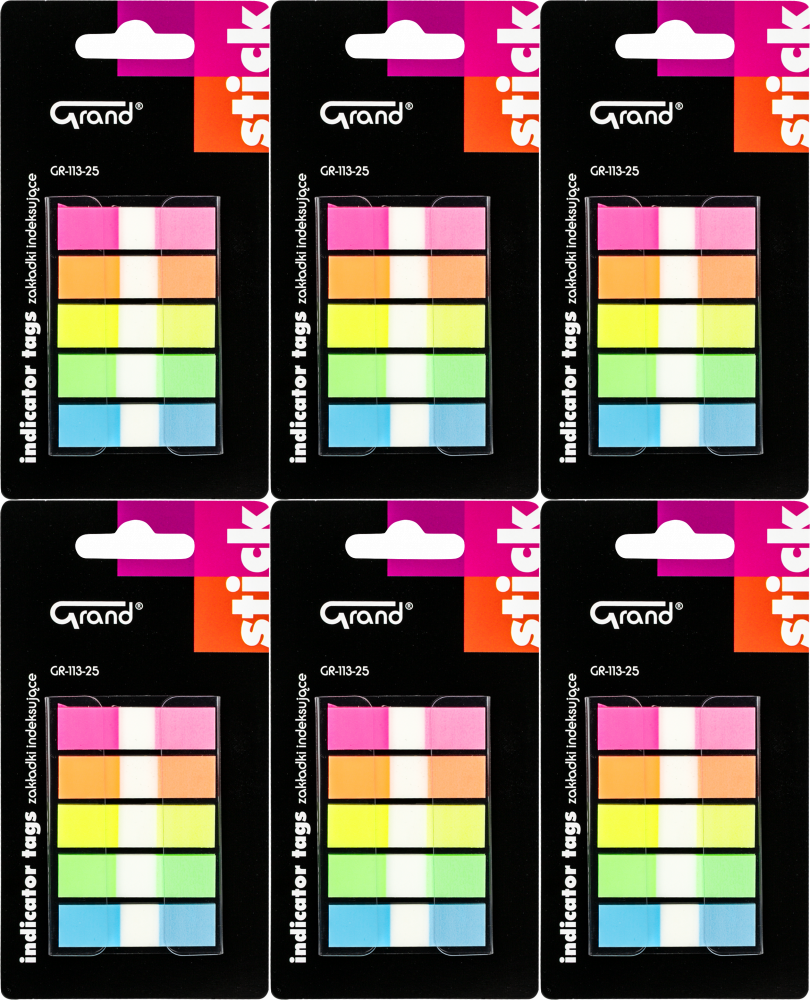 6x Zakładki samoprzylepne Grand GR-113-25, indeksujące, 45x12 mm, 5x25 sztuk, mix kolorów