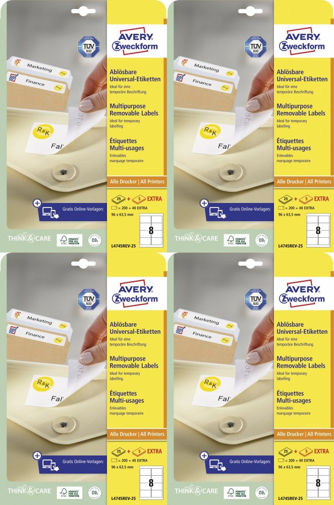 4x Etykiety samoprzylepne usuwalne Avery Zweckform, 96x63.5mm, 25 arkuszy + 5 gratis, biały