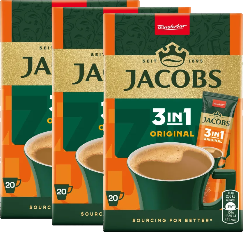 3x Kawa rozpuszczalna w saszetkach Jacobs 3w1, original, 20 sztuk x 12.6g