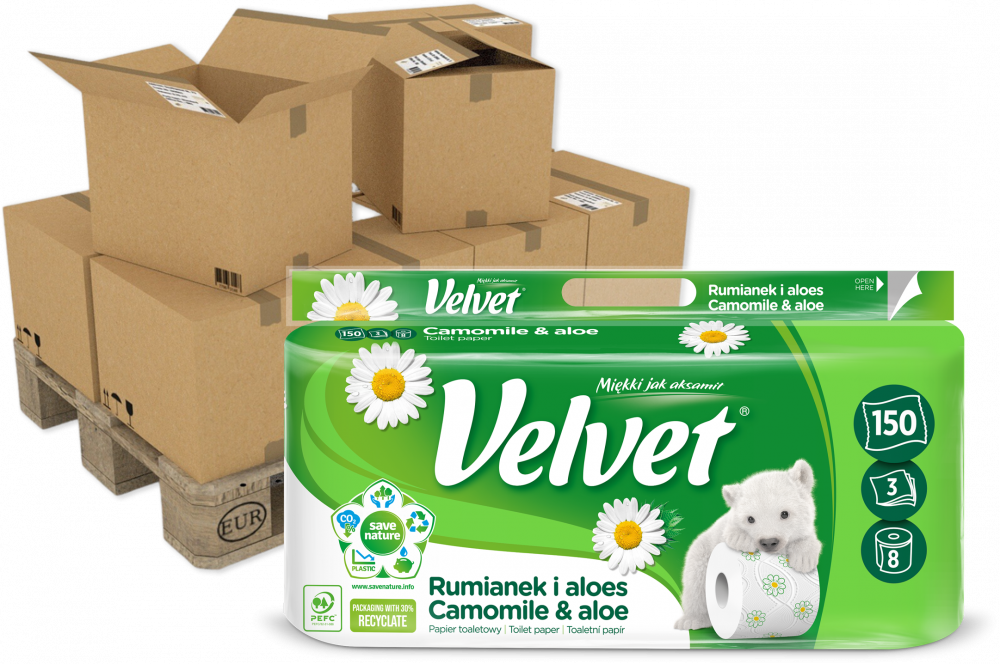 140x Papier toaletowy Velvet Rumianek i Aloes, 3-warstwowy, 8 rolek, biały