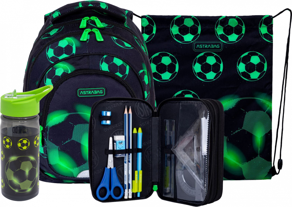 Zestaw: Plecak + piórnik z wyposażeniem + worek na buty + bidon na wodę Astra Astrabag Neo Football