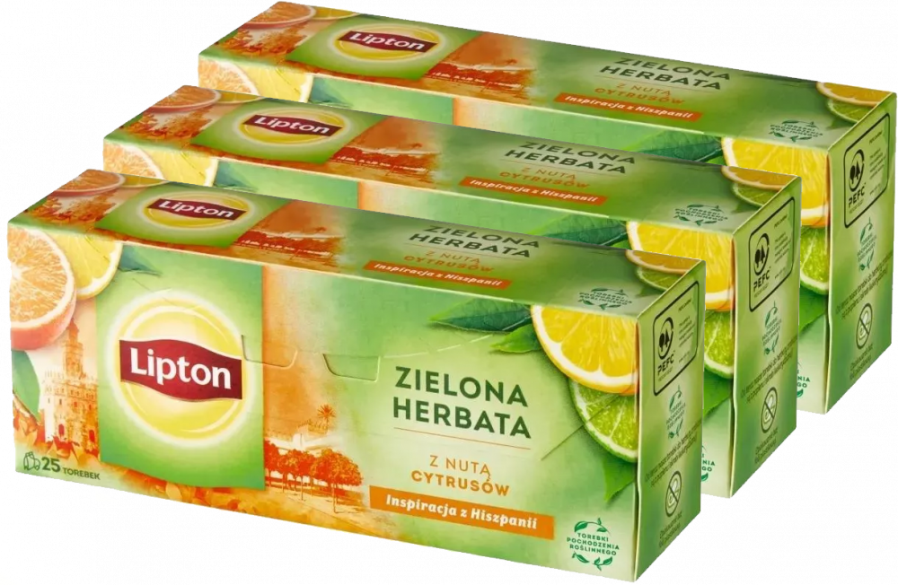 3x Herbata zielona smakowa w torebkach Lipton Green Tea Citrus, cytrusowa, 25 sztuk x 1.3g