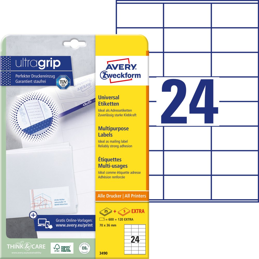 Etykiety samoprzylepne Avery Zweckform, 70x36mm, 25 arkuszy + 5 gratis, biały
