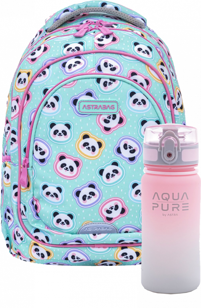 Zestaw: Plecak Astra Astrabag Minty Pandas + bidon Astra Aqua Pure różowo-szary