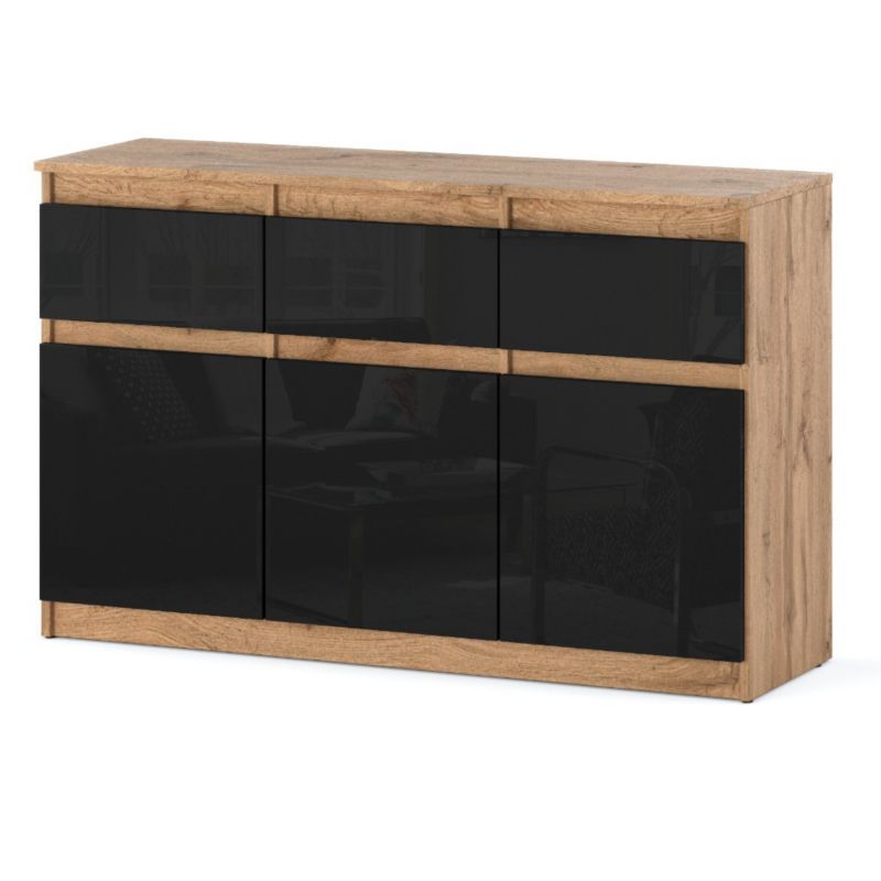 Komoda Hurtownia-Mebli Szuflady 3 Oleksa 3D3SZ 120cm Dąb Wotan Czarny Połysk 120x35x75 cm 1szt.