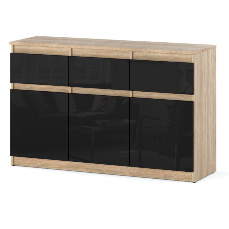 Komoda Hurtownia-Mebli Szuflady 3 Oleksa 3D3SZ 120cm Dąb Sonoma Czarny Połysk 120x35x75 cm 1szt.