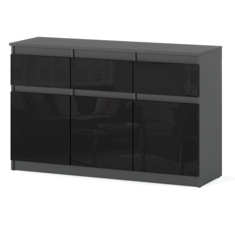 Komoda Hurtownia-Mebli Szuflady 3 Oleksa 3D3SZ 120cm Szary Mat Czarny Połysk 120x35x75 cm 1szt.