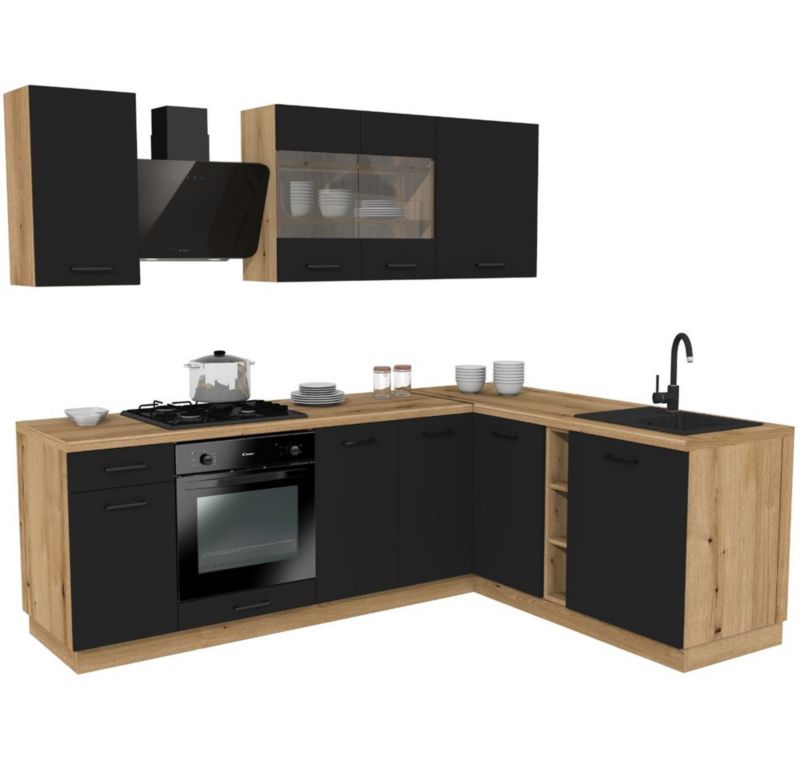 Kuchnia Topeshop Vario Z3 czarny blat dąb Evoke bez AGD 240x180 cm 1 szt