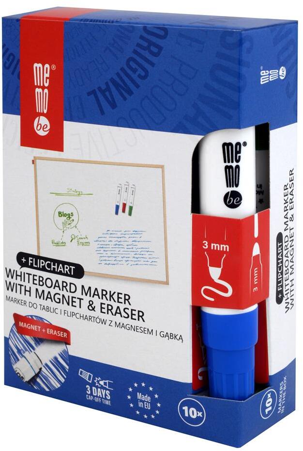 10x Marker suchościeralny/do flipchartów MemoBe MM351, z magnesem i gąbką, okrągła, 1-3mm, niebieski