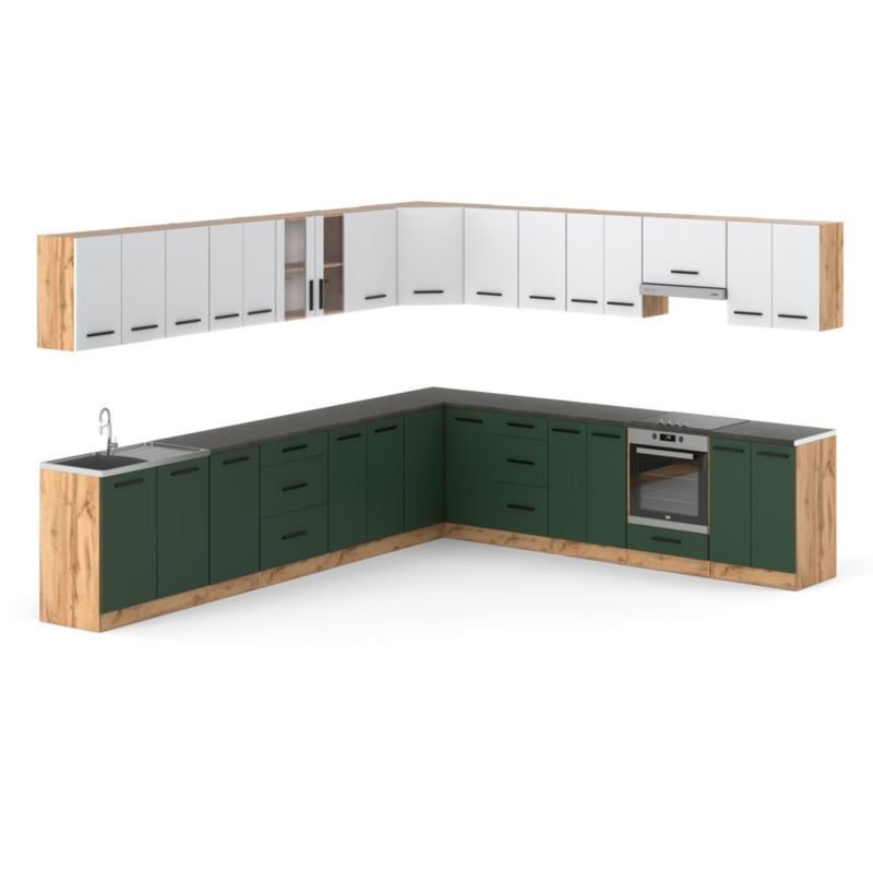 Zestaw Kuchenny Hurtownia-Mebli Z Blatem Kuchnia narożna Rossa 680cm Dąb Wotan Biały Mat/Butelkowa Zieleń 680x47x145 cm 1szt.