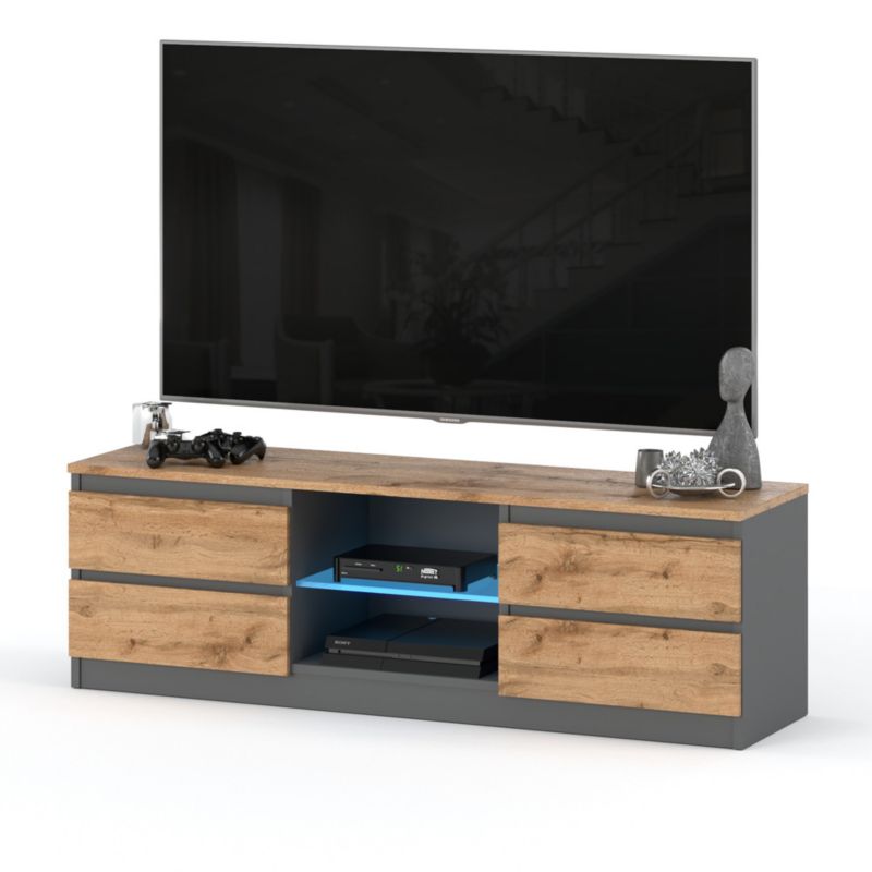 Komoda RTV Hurtownia-Mebli Szuflady 4 RTV Quattro Plus 138 138cm Szary Mat Dąb Wotan 138x35x45 cm 1szt.