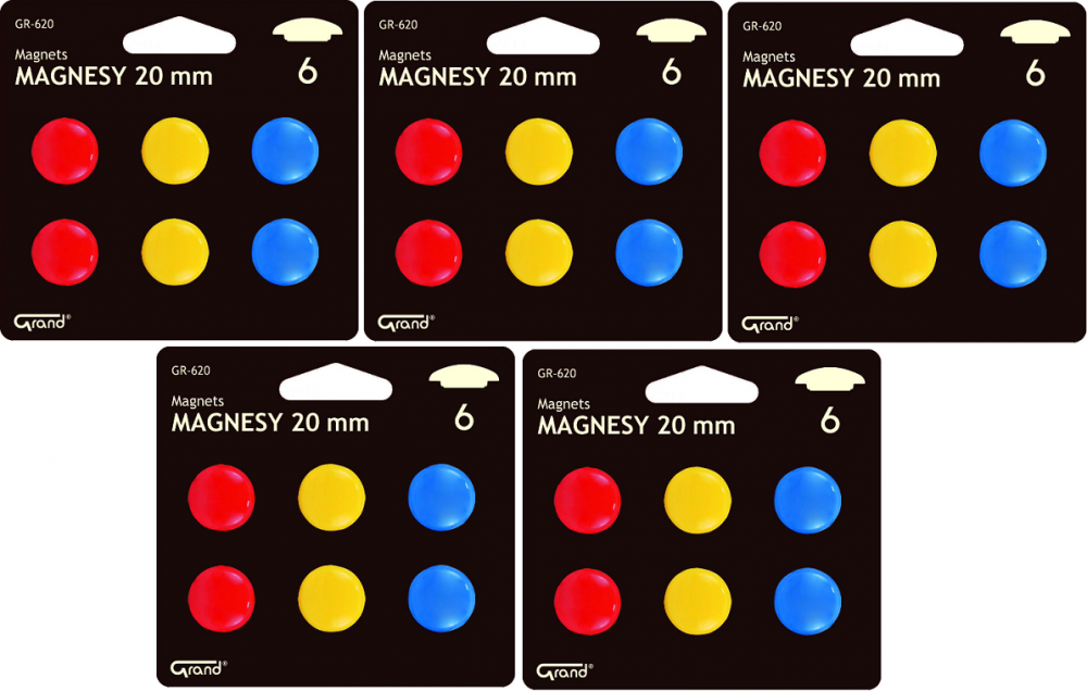 5x magnesy Grand GR-620, 20 mm, w blistrze, 6 sztuk, mix kolorów