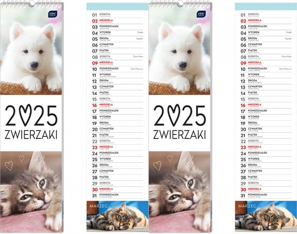 2x Kalendarz ścienny 2025, Interdruk, paskowy, 135x500mm, zwierzaki