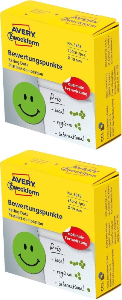 2x Etykiety "uśmiechnięta buźka" Avery Zweckform, okrągłe, średnica 19mm, 250 sztuk, zielony