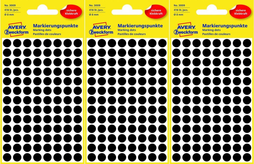 3x Etykiety oznaczeniowe Avery Zweckform, okrągłe, średnica 8mm, 416 sztuk, czarny