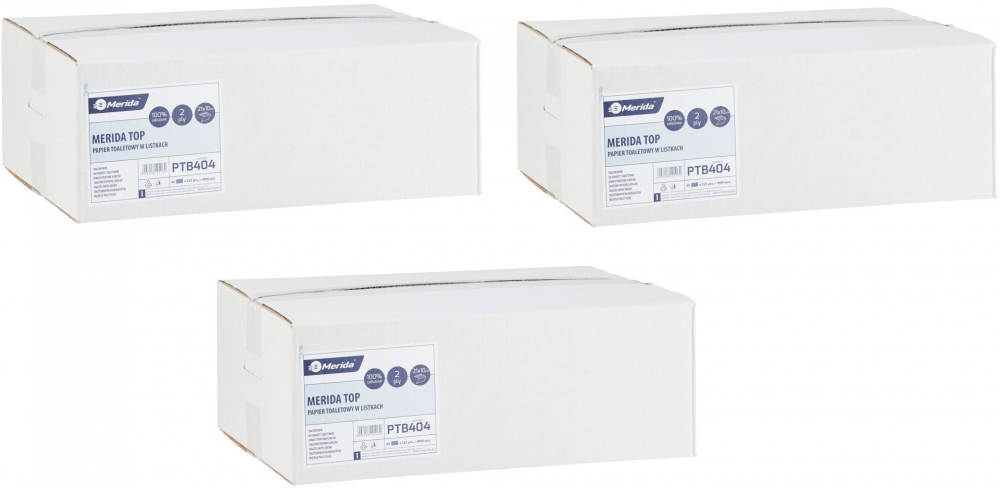 3x Papier toaletowy Merida Top, 2-warstwowy, w składce, 9.5x21cm, 40x225 sztuk, biały
