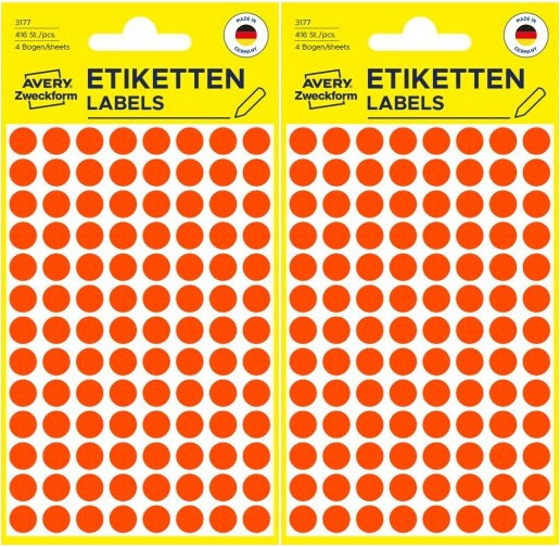 2x Etykiety oznaczeniowe Avery Zweckform, okrągłe, średnica 8mm, 416 sztuk, czerwony odblaskowy