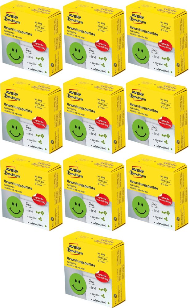 10x Etykiety "uśmiechnięta buźka" Avery Zweckform, okrągłe, średnica 19mm, 250 sztuk, zielony