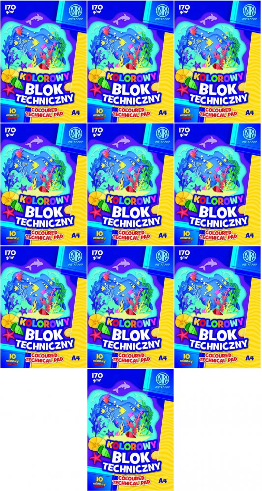 10x Blok techniczny Astra Astrapap, A4, 10 kartek, kolorowy