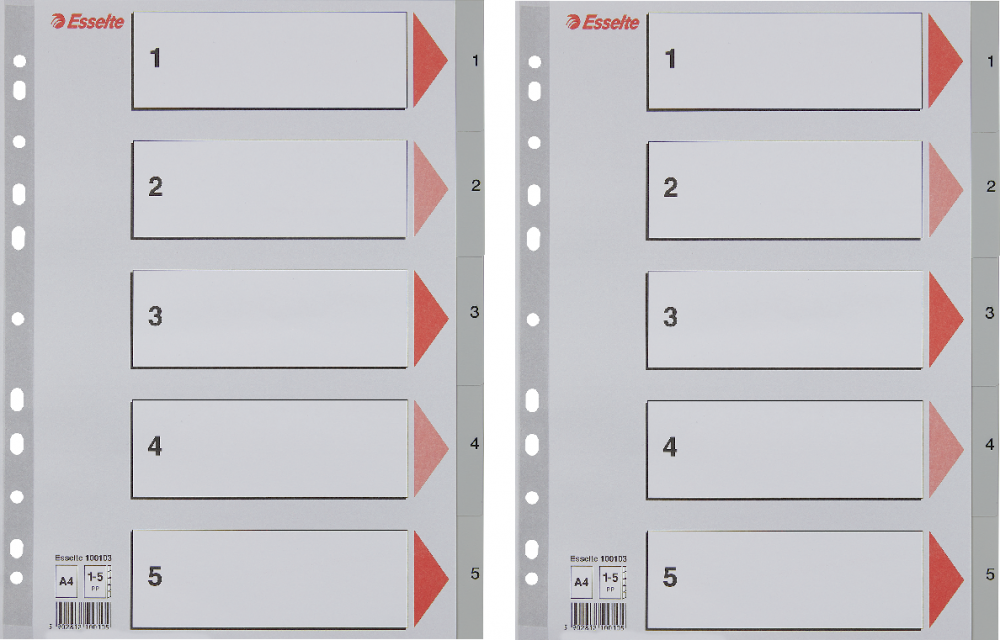 2x Przekładki do segregatora Esselte, plastikowe, numeryczne, A4, 1-5 kart, szary