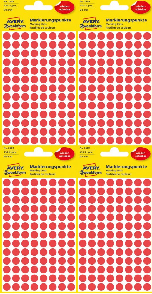4x Etykiety usuwalne Avery Zweckform, okrągłe, średnica 8mm, 4 arkusze, 416 sztuk, czerwony