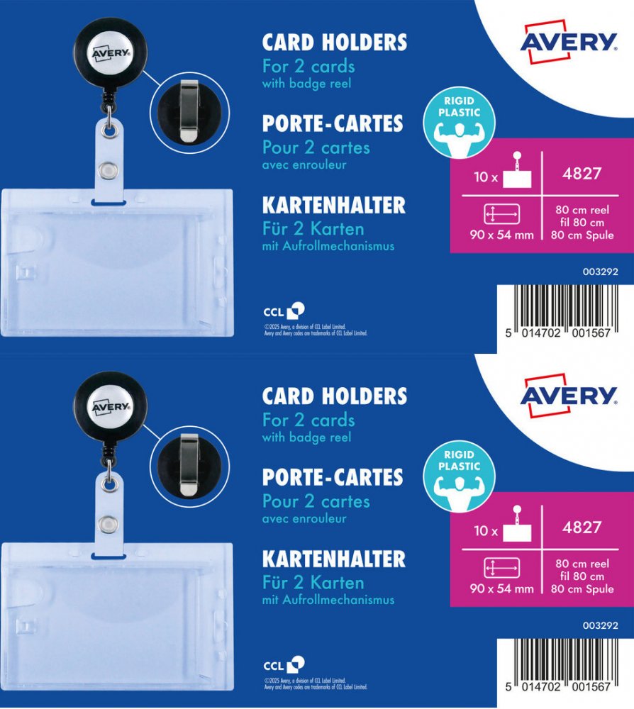 2x Etui na 2 karty Avery Zweckform, z mechanizmem ściągającym z klipsem, 54x90mm, 10 sztuk, przezroczysty