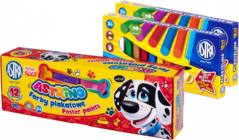 Zestaw: 2x Plastelina Astra, 13 kolorów (12+1 kolor gratis) + Farby plakatowe Astra Astrino, 20ml, 12 sztuk, mix kolorów