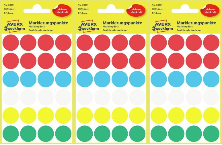 3x Etykiety Avery Zweckform, okrągłe, średnica 18mm, 96 sztuk, mix kolorów