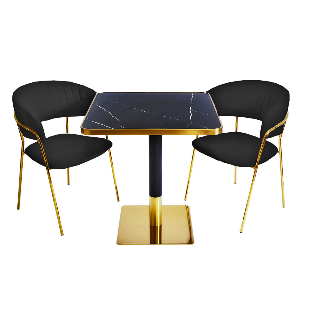 Zestaw stolik kawiarniany barowy złoty ARP608 70x70cm czarny + 2 krzesła Glamour czarne