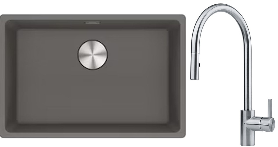 Franke Maris MRG 110-62 zlewozmywak 62x40 cm Fragranite kamienny szary z baterią kuchenną Eos stal szlachetna (1250687258, 1150590045)