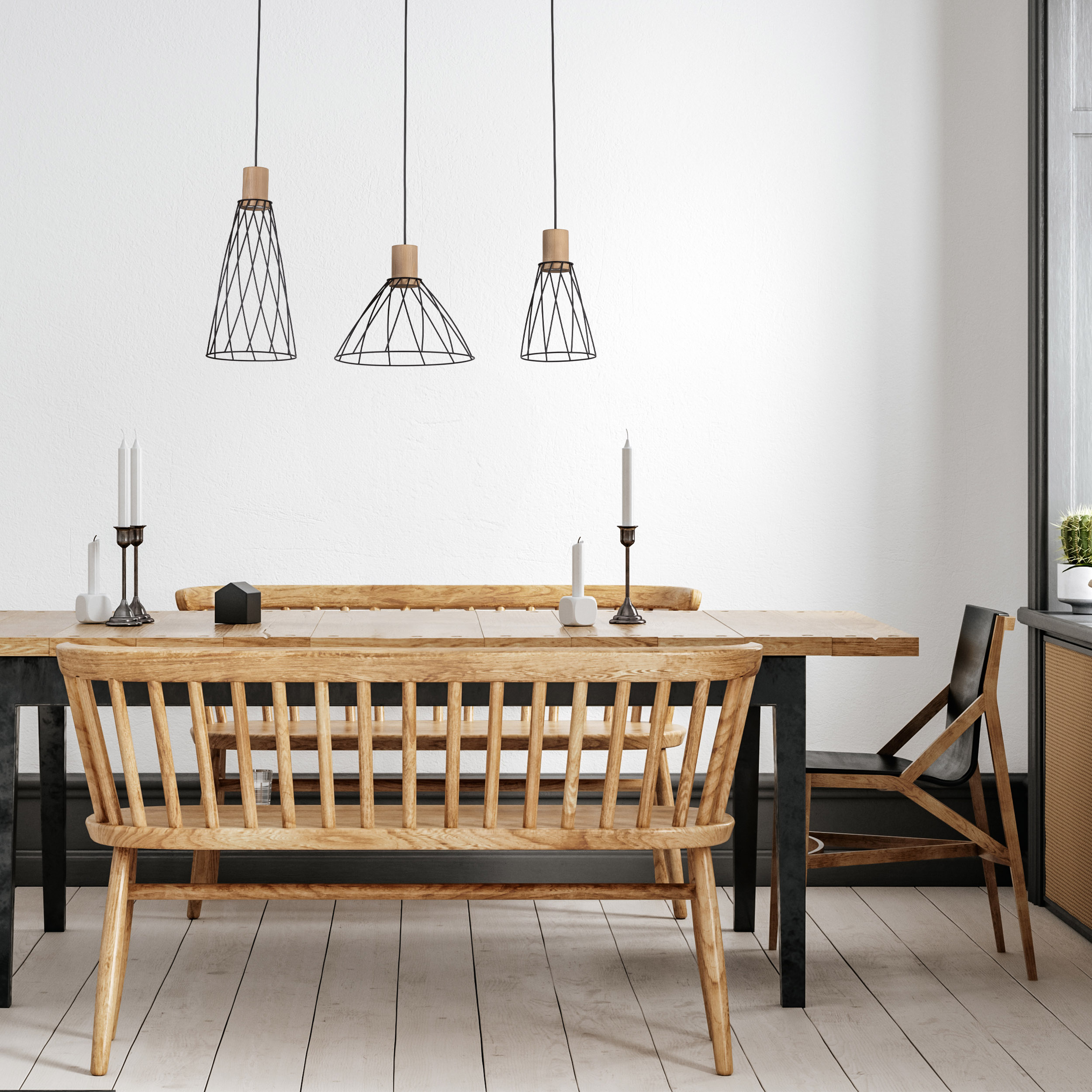 TK Lighting Modesto lampa wisząca 3x10 W czarna-drewno 10158