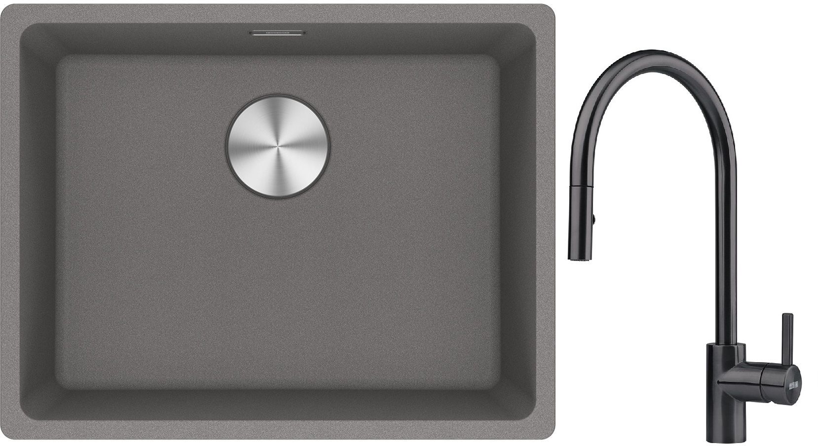 Franke Maris MRG 110-52 zlewozmywak 55x43 cm Fragranite kamienny szary z baterią kuchenną Eos czarna stal szlachetna (1250687254, ... - Wysyłka w 24h