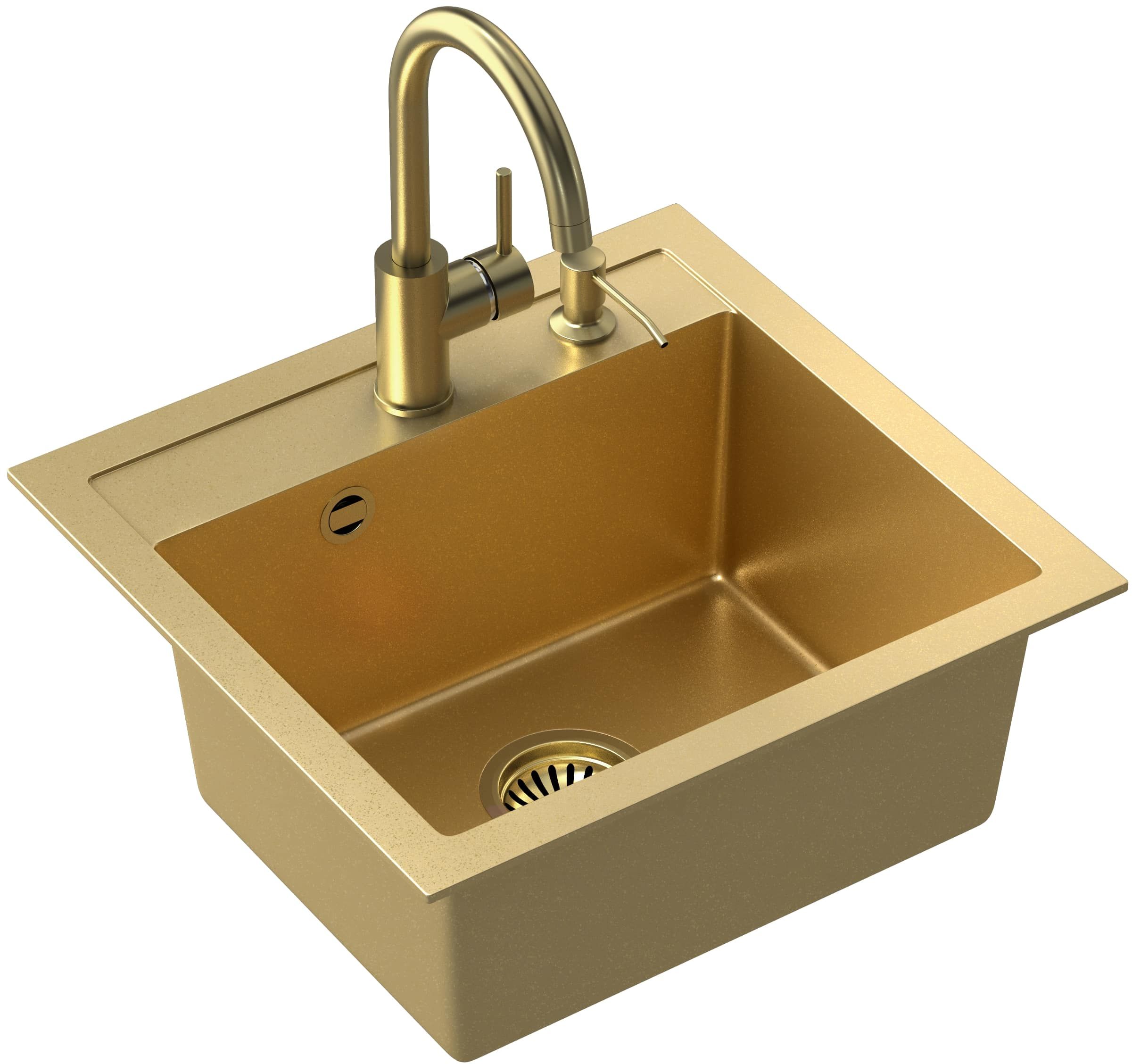 Quadron Johnny 110 zlewozmywak 50x47 cm GraniteQ Art Gold z baterią kuchenną Naomi stojącą i dozownikiem złotym ... - Wysyłka w 24h