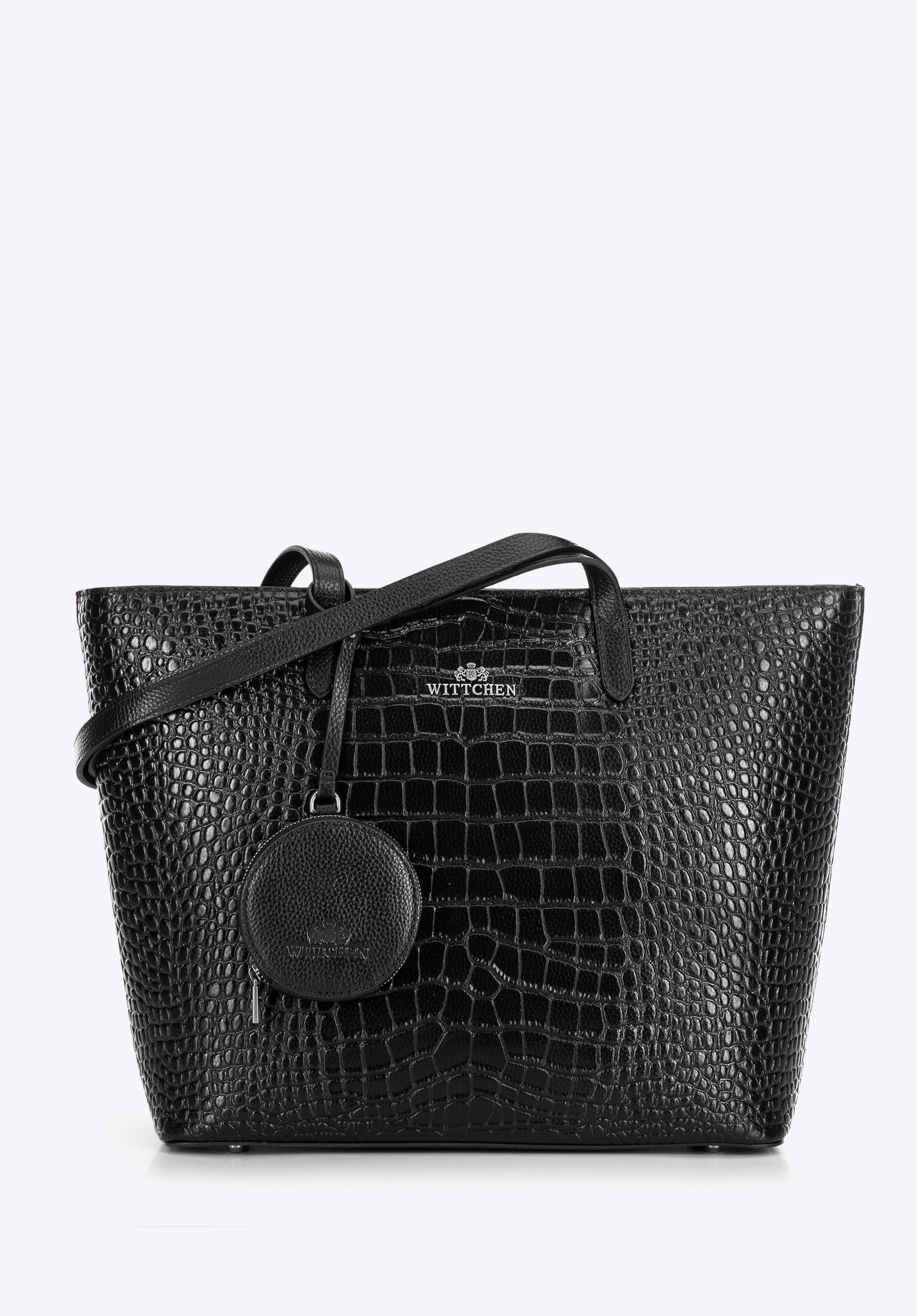 Damski shopper ze skóry we wzór croco czarno - srebrny