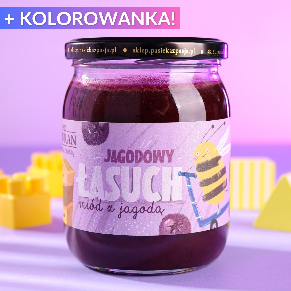 Jagodowy łasuch - miód dla dzieci z jagodą 630g - Pasieka z Pasją Hawran