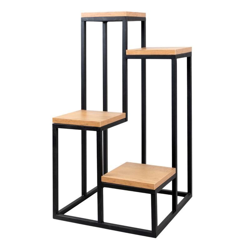 Kwietnik stojący metalowy 4-poziomowy e-floor Loft 38 x 38 x 70 cm czarny półka drewniana 1 szt