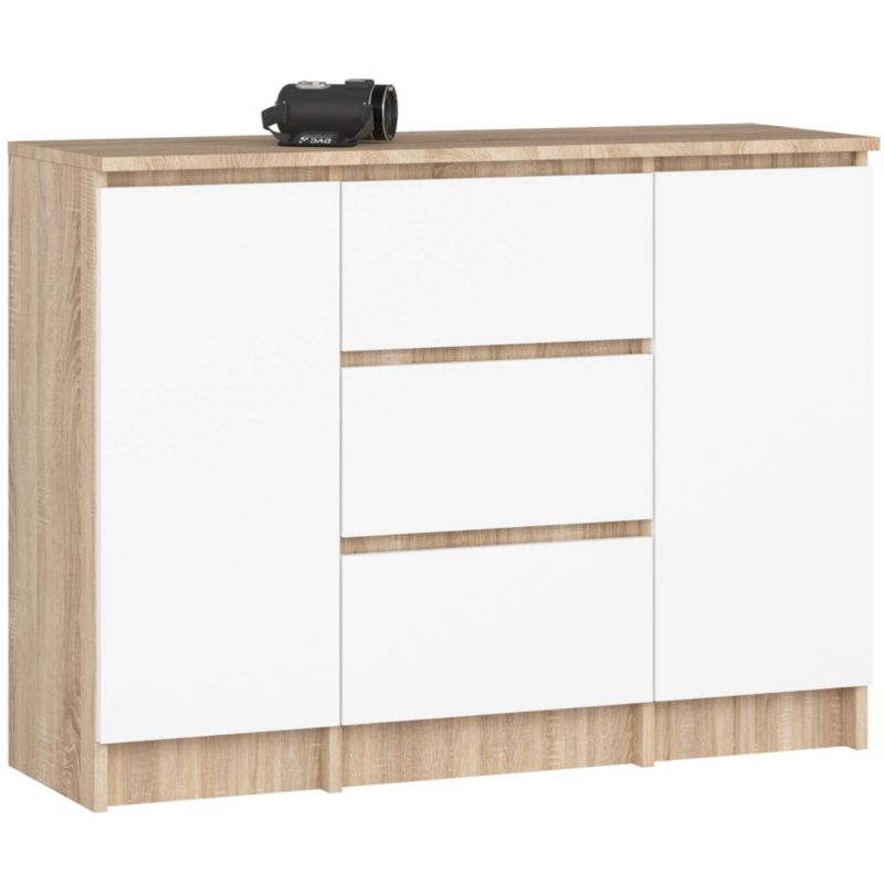 Komoda AKORD K100 kolor Dąb Sonoma, Biały mat 101 cm 2 drzwi 3 szuflady 4 półki 101x35x76 cm 1 szt.