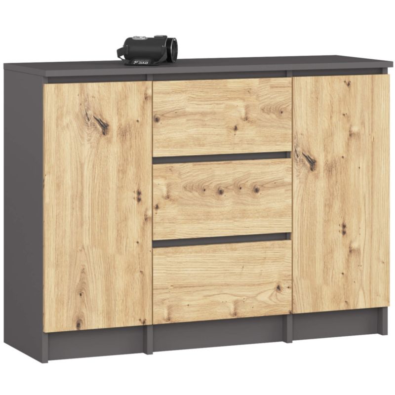 Komoda AKORD K100 kolor Grafit Szary, Dąb Artisan mat 101 cm 2 drzwi 3 szuflady 4 półki 101x35x76 cm 1 szt.