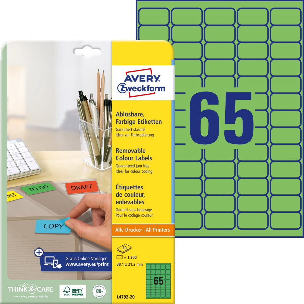 Etykiety usuwalne Avery Zweckform, 38.1x21.2mm, 20 arkuszy, zielony