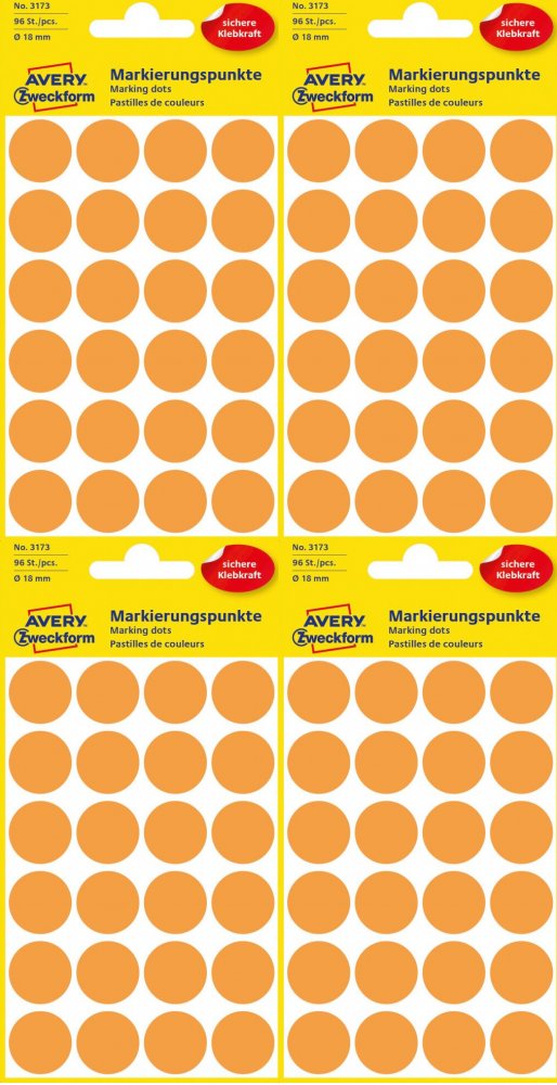 4x Etykiety Avery Zweckform, okrągłe, średnica 18mm, 96 sztuk, pomarańczowy neonowy