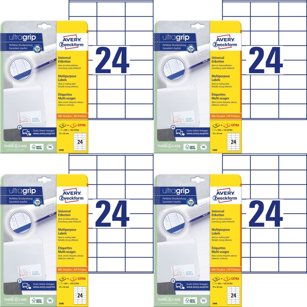 4x Etykiety samoprzylepne Avery Zweckform, 70x36mm, 25 arkuszy + 5 gratis, biały