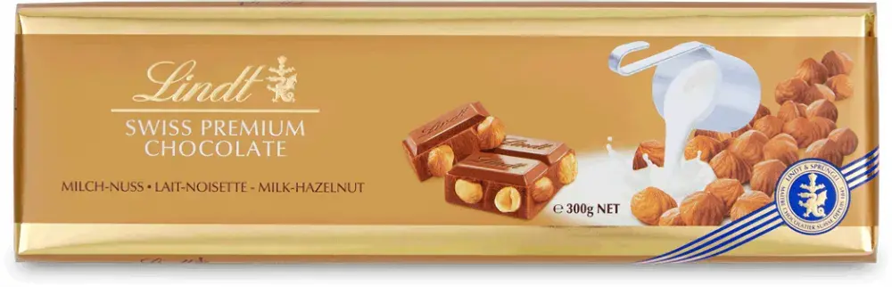 Outlet: WAŻNY DO 2025-07-31 Czekolada Lindt Swiss Premium, mleczna z orzechami laskowymi, 300g