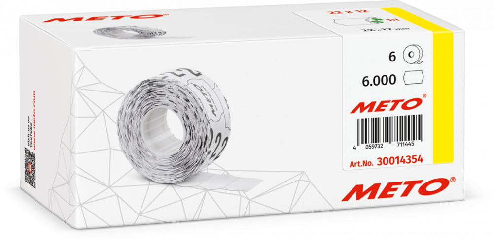Etykiety cenowe w rolce Meto, do metkownicy jednorzędowej, usuwalne, 22x12 mm, 1000 sztuk, 6 rolek, biały