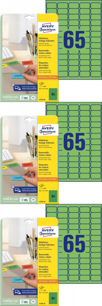 3x Etykiety usuwalne Avery Zweckform, 38.1x21.2mm, 20 arkuszy, zielony