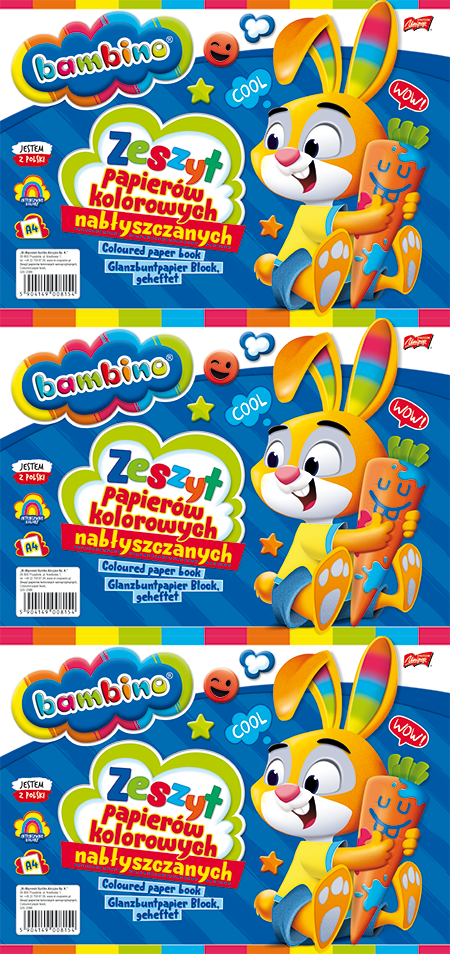 3x Zeszyt papierów kolorowych Bambino Zwierzaki Uczniaki, nabłyszczany, A4, 10 kartek