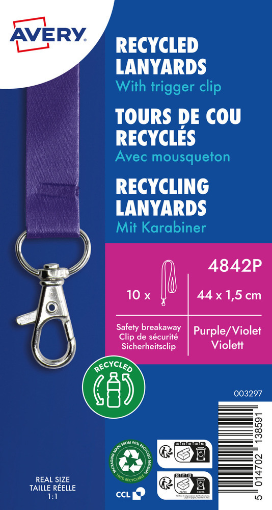 Smycz do identyfikatora Avery Zweckform, PET z recyklingu, 15x440mm, 10 sztuk, fioletowy