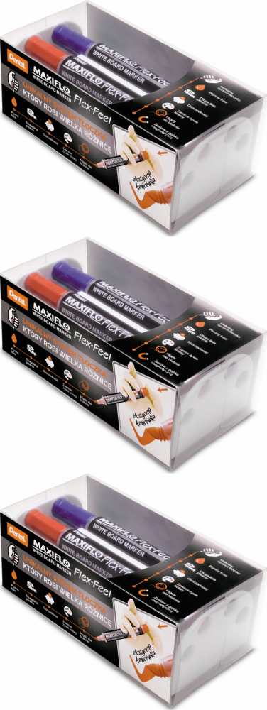 3x Marker suchościeralny Pentel, Maxiflo Flex-Feel MWL5SBF, 4mm, 4 sztuki + gąbka magnetyczna